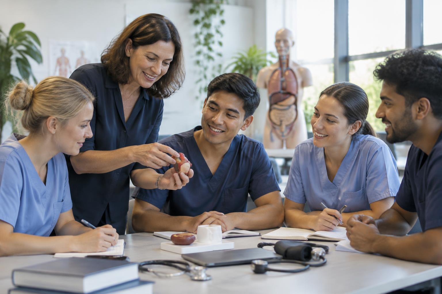 Concept photograph of healthcare students learning together in a training classroom